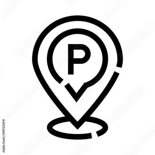 Parking map pin icon with a black p symbol marking a designated vehicle parking spot for navigation, gps, directions, and locating a car park on maps and apps