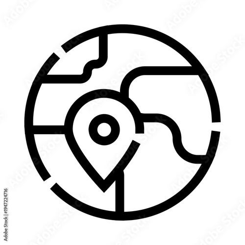 Global map icon displaying a location pin, symbolizing a chosen destination, specific address, or pinpointing coordinates on a world map for travel and geographic navigation