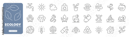 Ecology and sustainability web line icon set featuring renewable, energy, recycling, environment, protection, green, technology, climate and eco lifestyle. Editable stroke