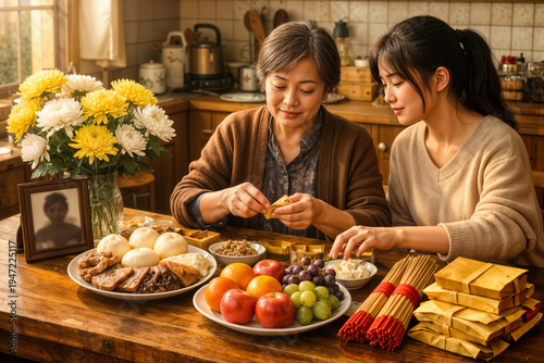 Qingming festival ancestral offering preparation at home grandmother and grandchild arranging chrysanthemum flowers incense paper offerings and food on kitchen table for tomb sweeping