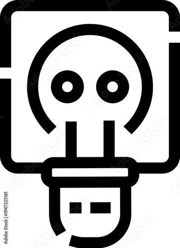 Electric plug connecting into a wall socket, minimalist black line illustration symbolizing power connection, energy supply, charging, and electrical infrastructure for apps and web