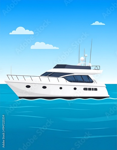 Digital illustration of a luxurious white yacht sailing on a bright blue sea under a clear sky with a few fluffy clouds