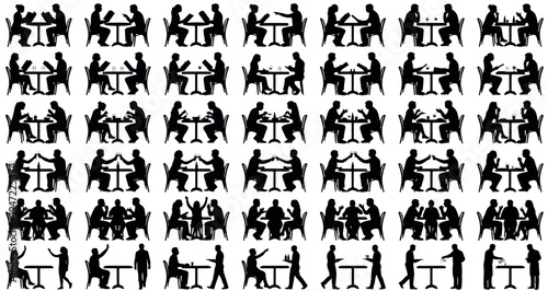 Restaurant Diners Silhouette Set Pack. Editable Vector Illustration. featuring people, dining, restaurant, cafe, social, interaction, silhouettes, vector, illustration, eating, drinking, talking more.