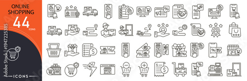 Online shopping related icon collections. Containing cart, bag, discount, payment, product, delivery, checkout, order, store, purchase icons. Outline icons.