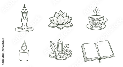 A minimalist line art illustration of meditation and relaxation symbols on transparent background
