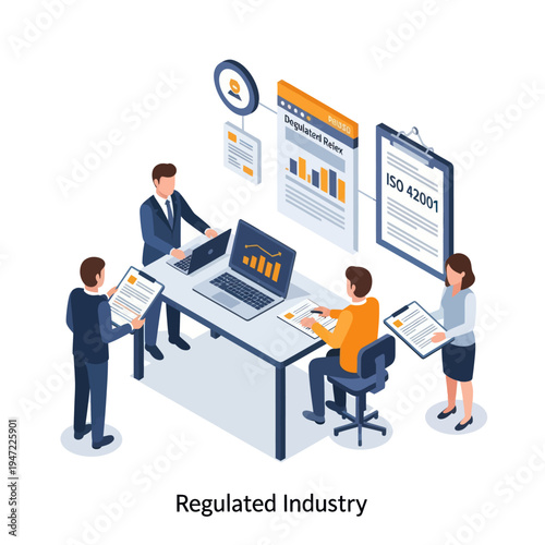 Business professionals collaborating around a table, reviewing documents and charts related to regulated industries and ISO 45001 standards.