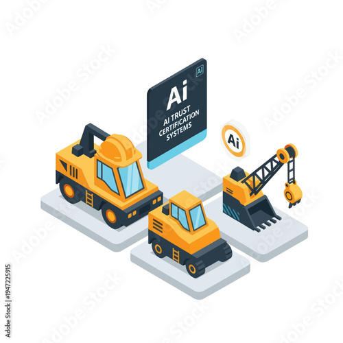 Isometric illustration of construction vehicles and AI certification systems, symbolizing the integration of artificial intelligence in the construction industry.