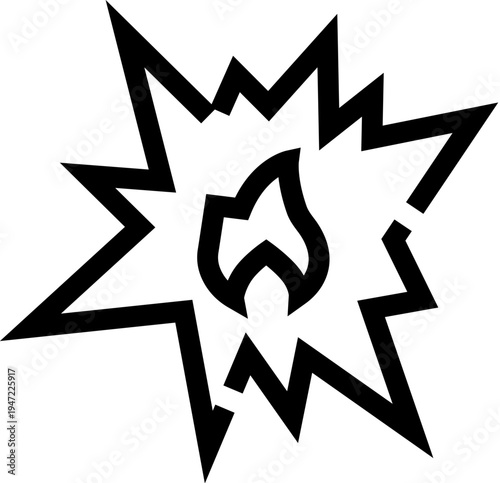 Comic book style explosion icon with bold black outline, central flame and radiating sparks conveying energy, danger and sudden powerful burst on white background