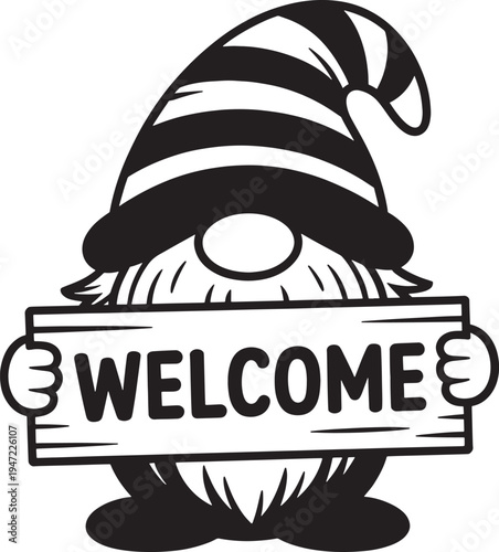 Gnome welcome sign vector illustration with striped hat and beard for home decor and garden greeting