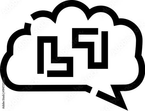 Brain with complex circuit lines forming a labyrinth inside a speech bubble representing intelligence, problem solving, innovation, communication, and decision making processes