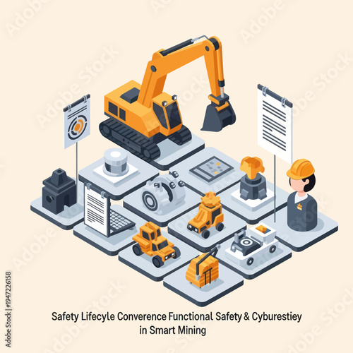 Isometric illustration depicting the integration of safety, lifecycle management, convenience, and cybersecurity in smart mining operations, featuring heavy machinery and digital interfaces.