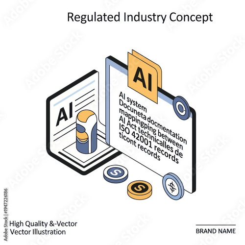 Regulated Industry Concept: AI system, documentation mapping, ISO 42001 records, and financial coins, illustrating compliance and technology integration.