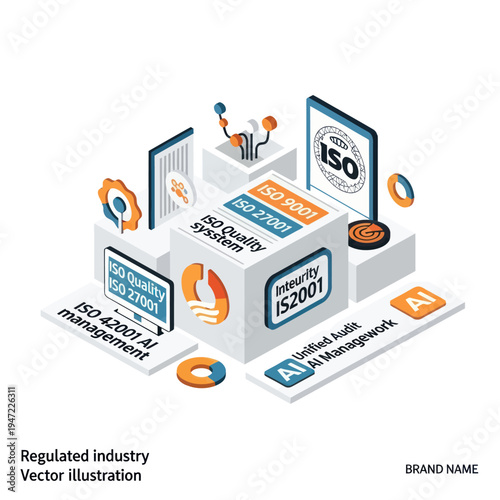 Isometric illustration of ISO standards and AI management systems in a regulated industry context, showcasing quality, security, and AI integration.