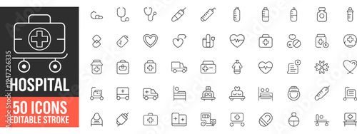 Hospital Line Icon Set – Editable Stroke Medical, Healthcare, and Clinic Vector Icons Collection