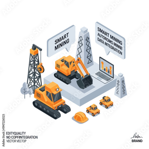 Isometric illustration of smart mining technology, featuring excavators, a laptop, and communication towers, symbolizing data integration and automation in the industry.