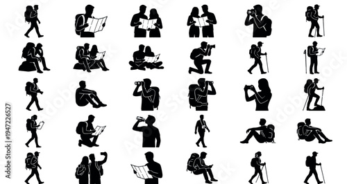 Backpack Travelers Silhouette Set Pack. Editable Vector Illustration. featuring vector, illustration, graphic, design, silhouette, icon, set, collection, people, man, woman, couple, traveler more.