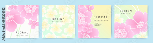 Spring card set with floral designs. Pastel backgrounds with abstract flowers. Vector design for social media, banner, postcard, advertising