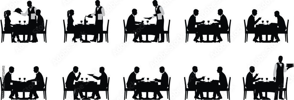 Obraz premium Restaurant dining silhouettes showing waiter serving couples at table people eating dinner hospitality service scenes set isolated for food service cafe and fine dining concept