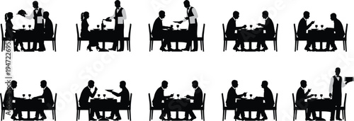 Restaurant dining silhouettes showing waiter serving couples at table people eating dinner hospitality service scenes set isolated for food service cafe and fine dining concept