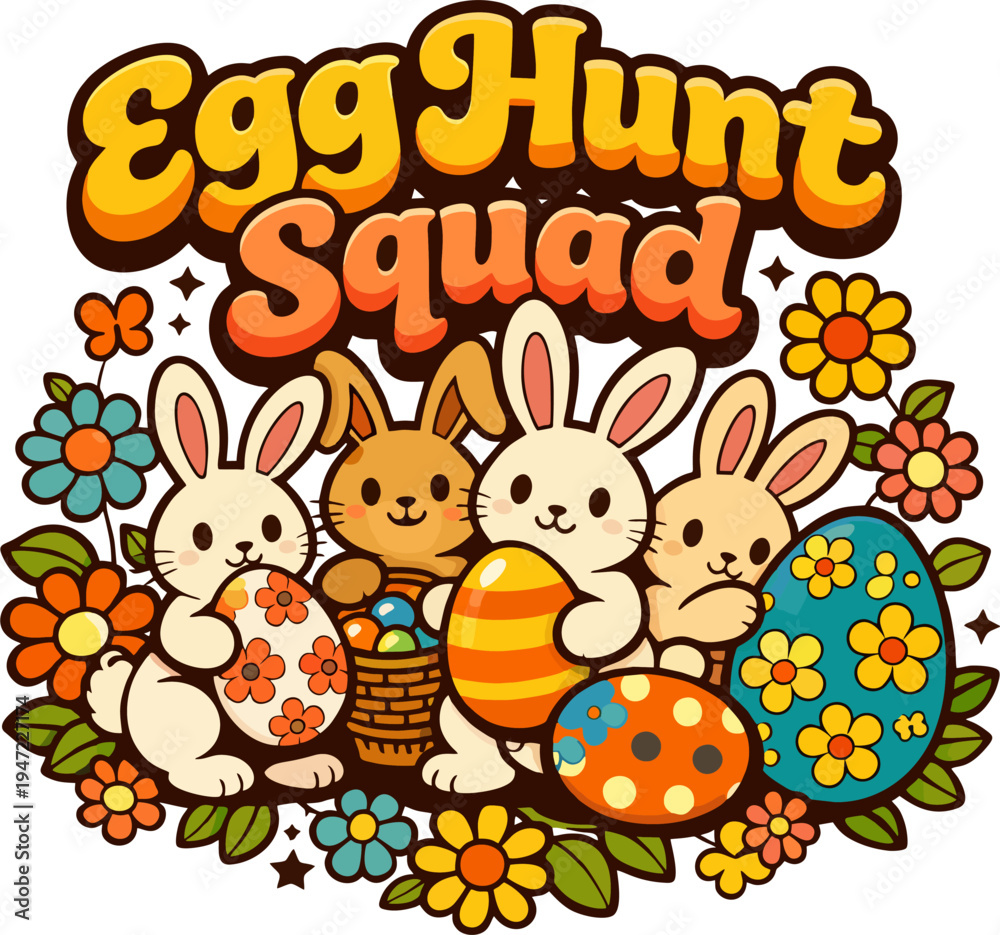 Fototapeta premium Cute kawaii bunny squad on Easter egg hunt with colorful eggs, basket, flowers, and 