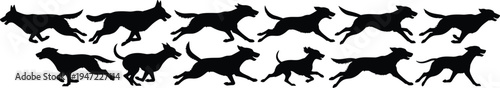 Running dog silhouettes collection showing different canine breeds in motion isolated on white background animal movement set