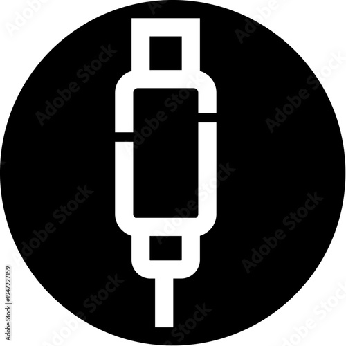 Usb c connector or charging cable port icon set within a black circle, illustrating universal technology connection and power delivery for modern electronic devices