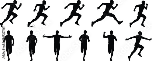 Running athlete silhouette set with sprinter runner jogging fitness training sports action movement male runner vector illustration isolated collection