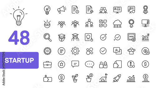Startup Icon Set – Business Idea, Innovation, Rocket, Lightbulb, Target, Growth, Strategy, Finance, Technology Line Icons Collection