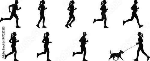 Running people silhouette set featuring men and women jogging, fitness training, outdoor exercise, athlete movement poses and woman walking dog isolated on white background.