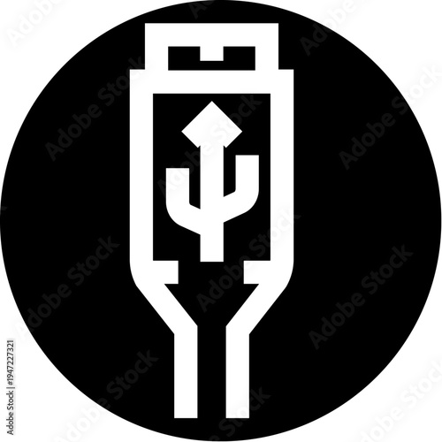 Usb cable connector showing the universal serial bus symbol with an upward arrow, indicating data synchronization and power connection in a modern technological interface