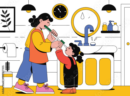 Illustration of Mother Helping Daughter Brush Teeth in Bathroom for Dental Hygiene Education and Family Support