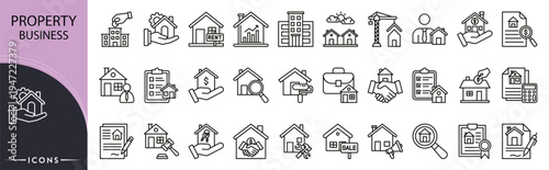 Property business related icon collections. Containing house, building, rent, sale, agent, location, contract, investment, key, mortgage icons. Outline icons.