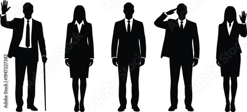 Set of business people silhouettes waving and saluting gestures, professional men and woman standing in formal suits isolated on white background