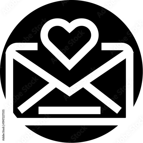 Love message icon depicting a white heart and envelope on a black circle background, symbolizing romantic communication, digital correspondence, and social media notifications