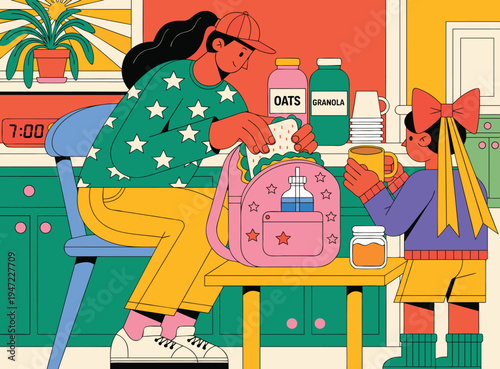 Mother and Daughter Teamwork in Preparing School Backpack with Healthy Snacks for Educational Morning Routine