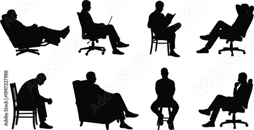Silhouette illustration of diverse seated individuals in various chairs and postures, symbolizing workplace ergonomics, relaxation, communication, technology use, and modern lifestyle activities.