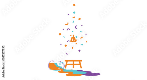 Vector illustration of lying colorful surfboard with confetti