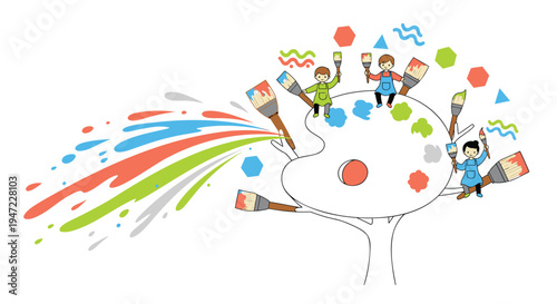 Vector illustration of people in a creative brainstorming session with colorful shapes and symbols