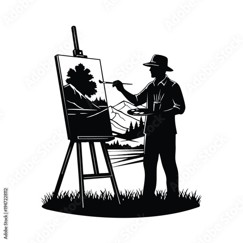 Artist silhouette painting mountain landscape on easel in field area