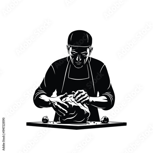 Baker silhouette kneading dough on table making bread in kitchen