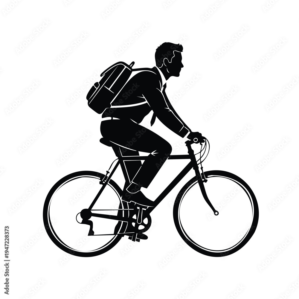 Naklejka premium Businessman cycling on bicycle to work commuting city, silhouette isolated vector