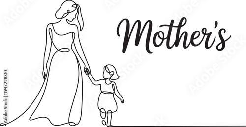 Mothers day continuous line art drawing of a mother and daughter walking together holding hands daily