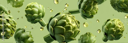 Levitating Fresh Green Artichokes with Golden Oil Droplets
