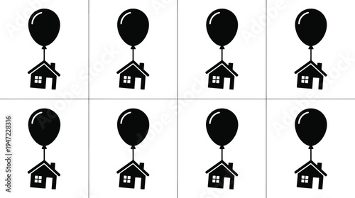 Set of 8 black house icons with balloons vector, representing real estate, moving, or property concepts