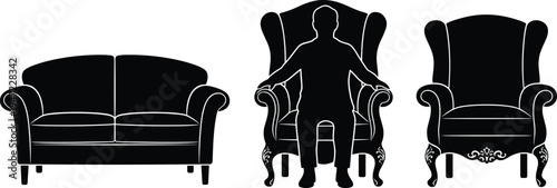 Silhouette illustration of sofa and armchairs with seated figure, symbolizing furniture design, interior style, ergonomics, comfort, and classic home or office decor concepts.