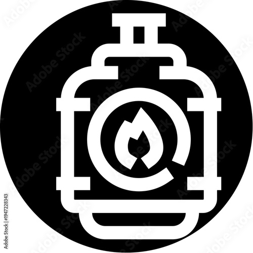 Gas cylinder icon displaying a burning flame within a circular design, symbolizing gas energy, fuel, power, and the use of propane for various domestic and industrial applications