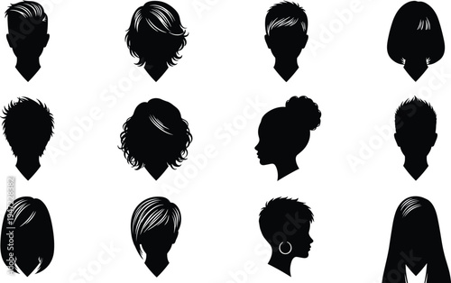 Silhouette illustration of twelve diverse hairstyles arranged in grid, showcasing variety of short and long hair fashion, beauty, style, accessories, curls, sleek looks