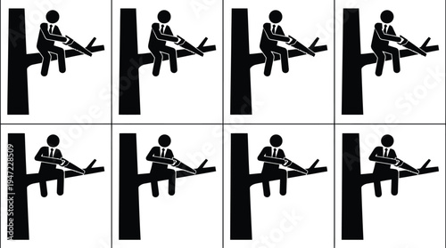 Eight identical stick figures sawing off the tree branch they are sitting on, illustrating self-sabotage or poor decision-making.