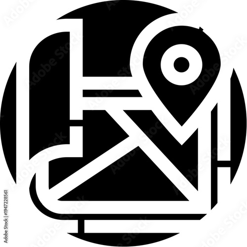 Map marking symbol, featuring a navigation pin icon, highlighting concepts of destination, direction, travel, and finding places digitally with a location marker on a simplified street plan