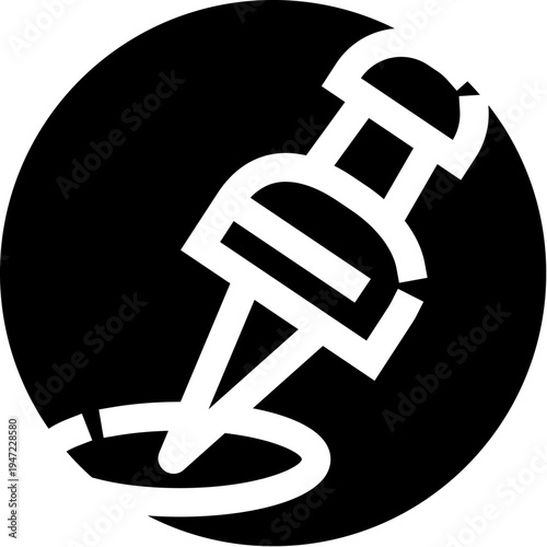 Black and white pushpin icon pinpointing a location or destination, minimalist map marker silhouette for navigation, travel, tracking and user interface designs, logo or infographic element